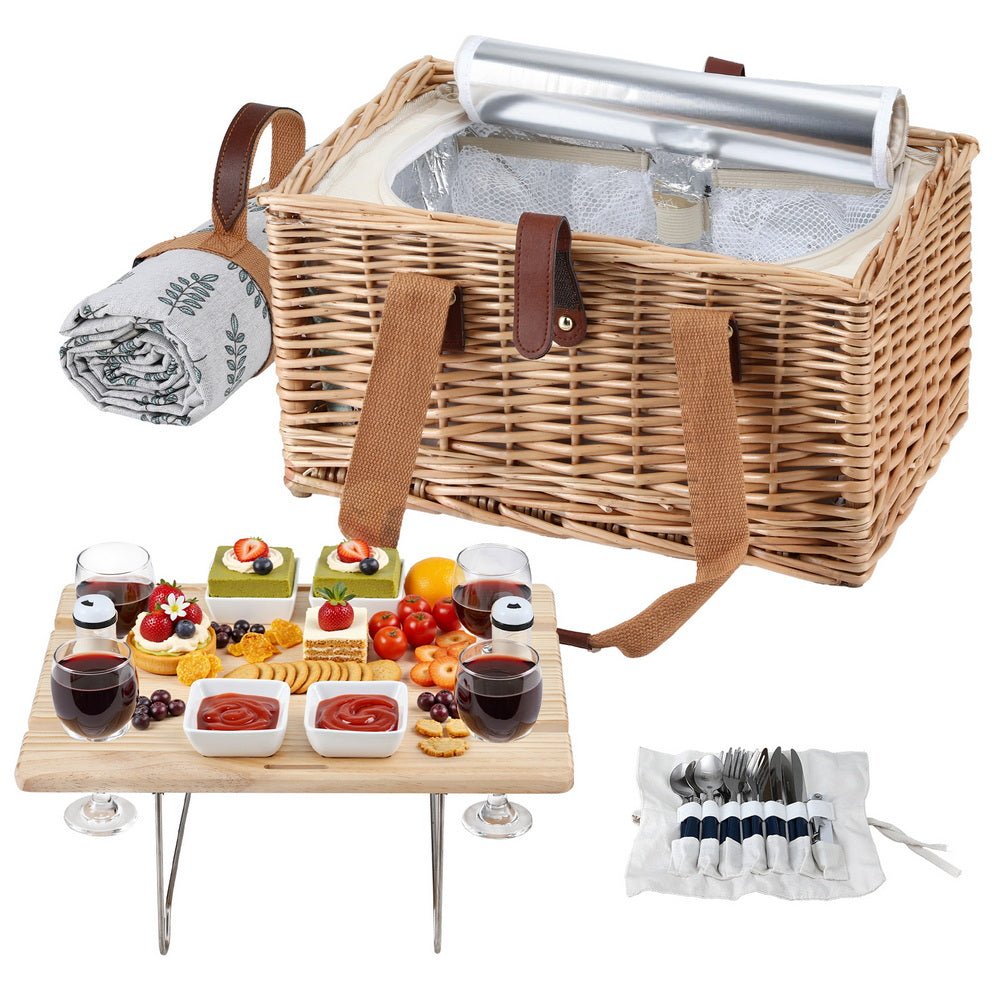 Alfresco 4-Person Willow Picnic Basket Set with Table