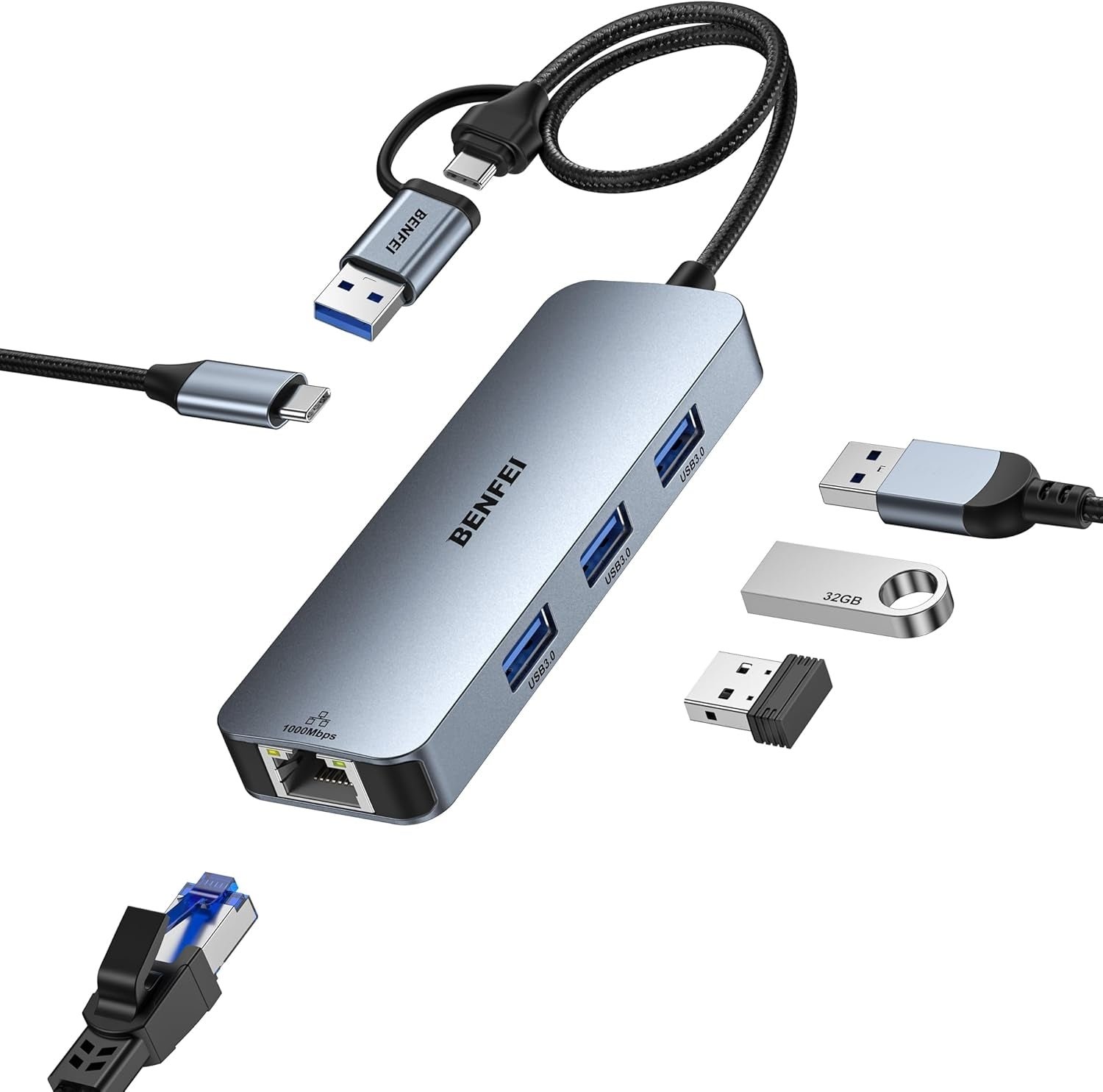 BENFEI USB-C Gigabit Ethernet + 3-Port USB 3.0 Hub