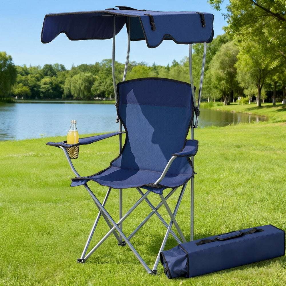 Camping Chair with Canopy – Folding, 120kg, Navy Blue